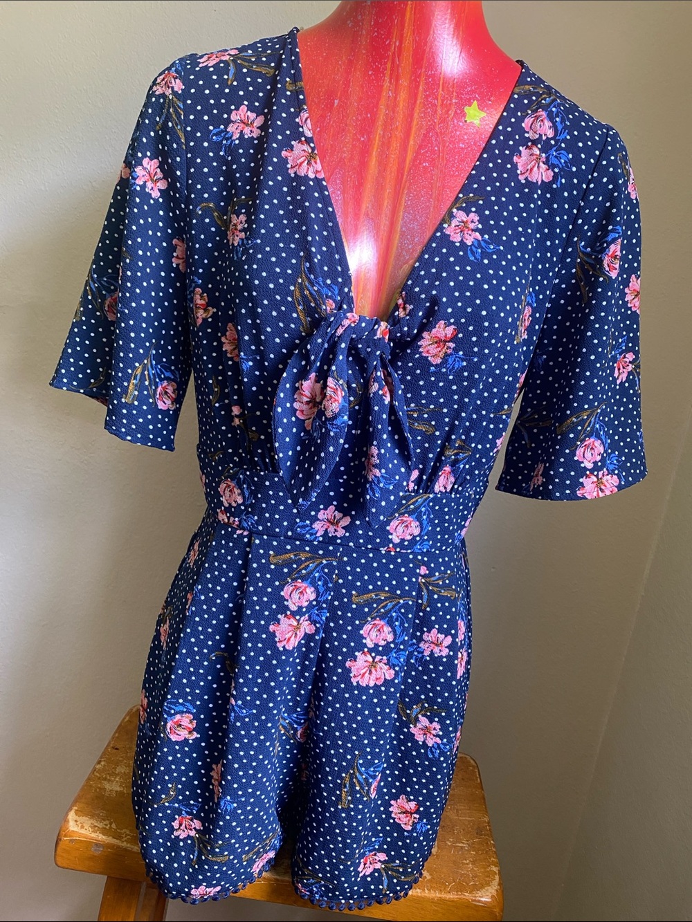 Altar'd State Navy Blue Floral Polka Dot Mini Dress